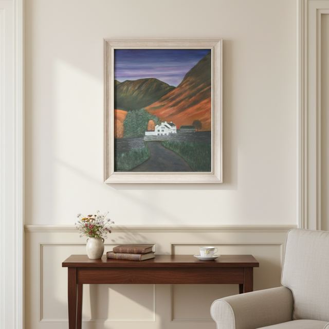 Original oil painting of wasdale head, lake district; wasdale inn, pillar, great gable, kirk fell. autumn glowing brcken.
