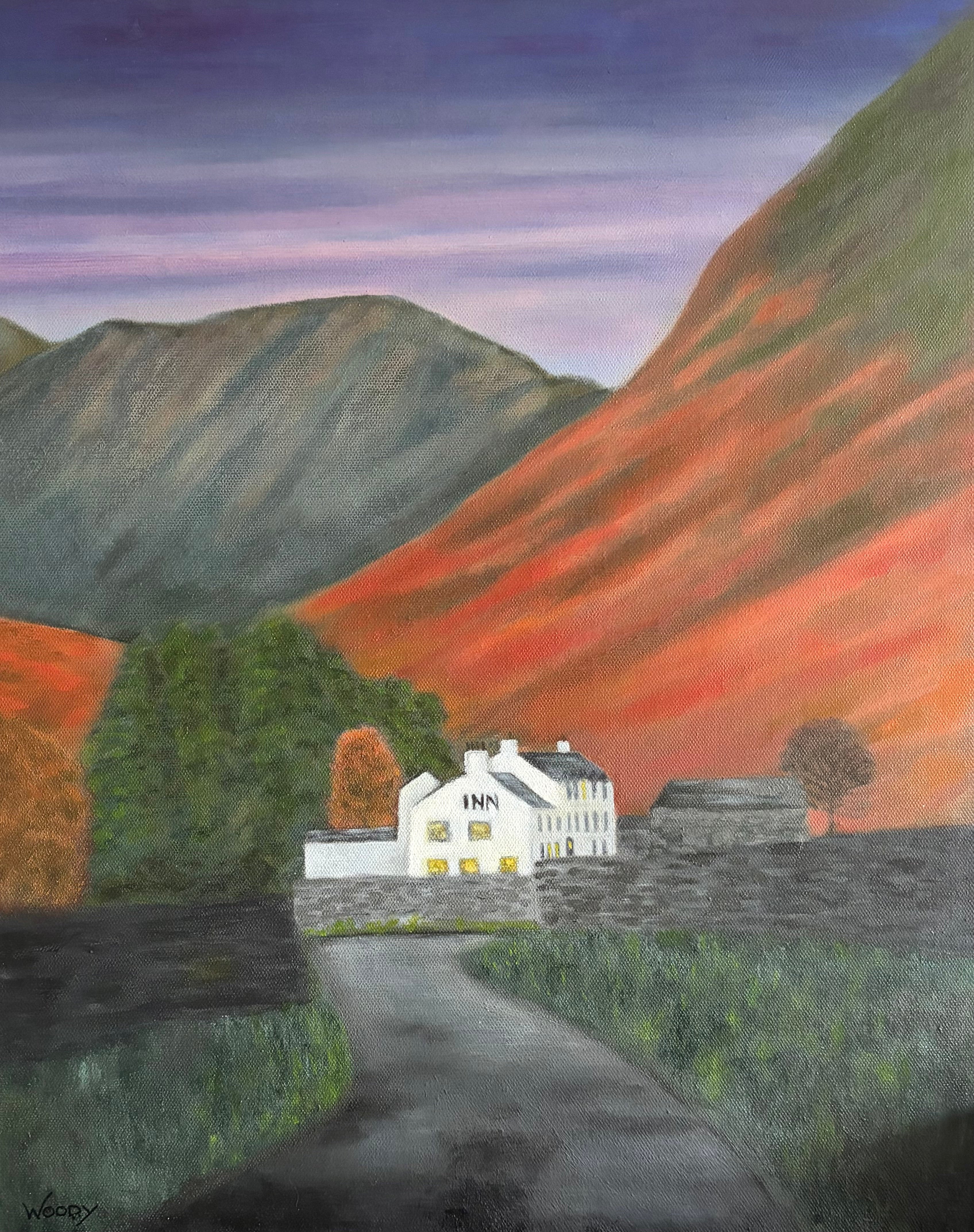 Original oil painting of wasdale head, lake district; wasdale inn, pillar, great gable, kirk fell. autumn glowing brcken.