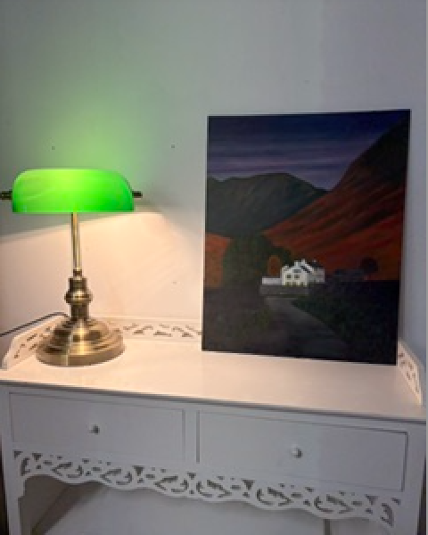 Original oil painting of wasdale head, lake district; wasdale inn, pillar, great gable, kirk fell. autumn glowing brcken.