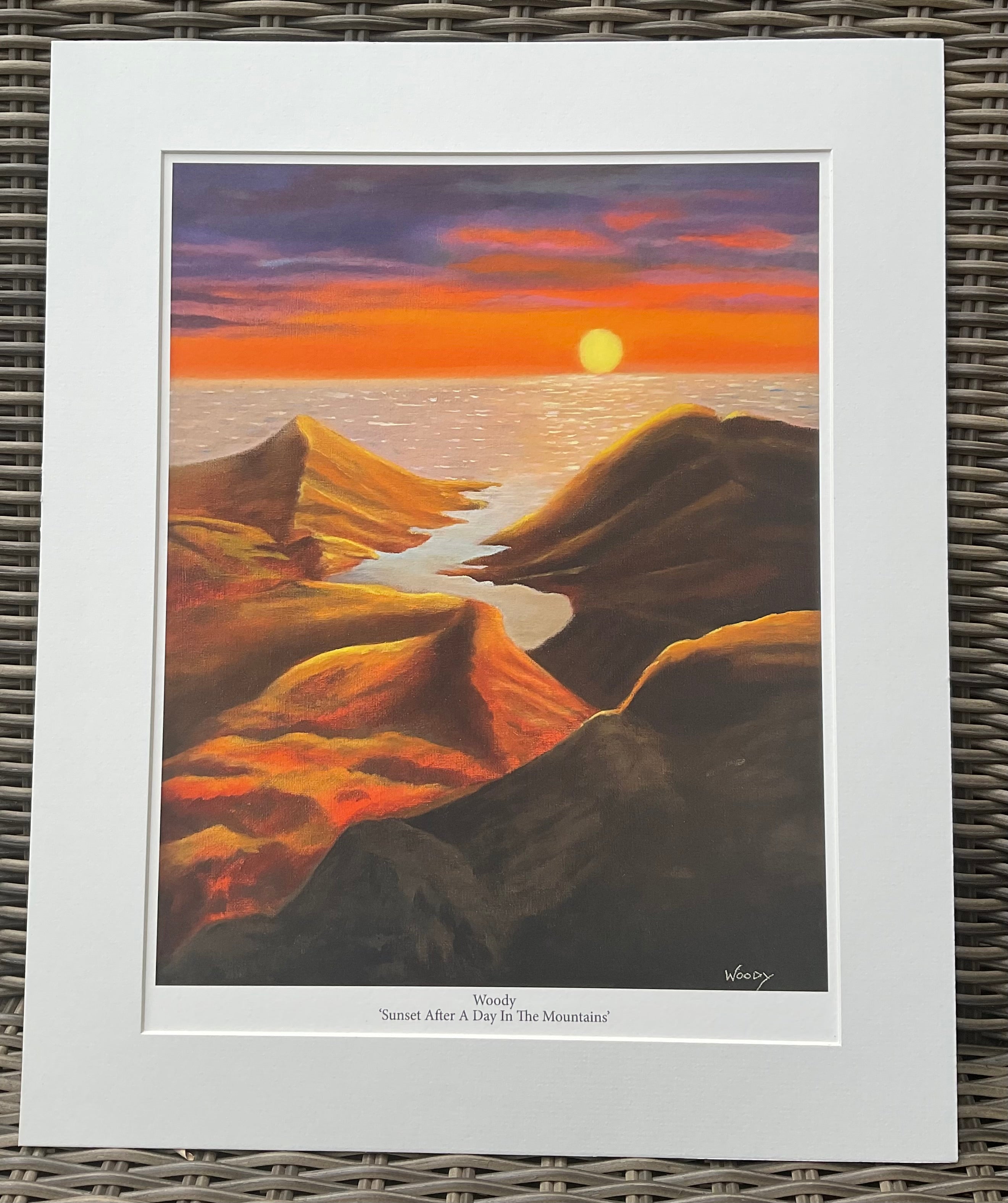 Sunset After A Day In The Mountains - Printed and mounted copy of the original oil painting by Woody