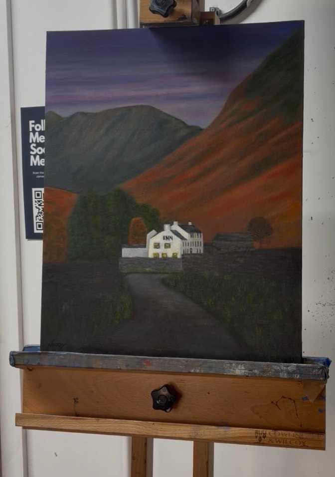 Original oil painting of wasdale head, lake district; wasdale inn, pillar, great gable, kirk fell. autumn glowing brcken.